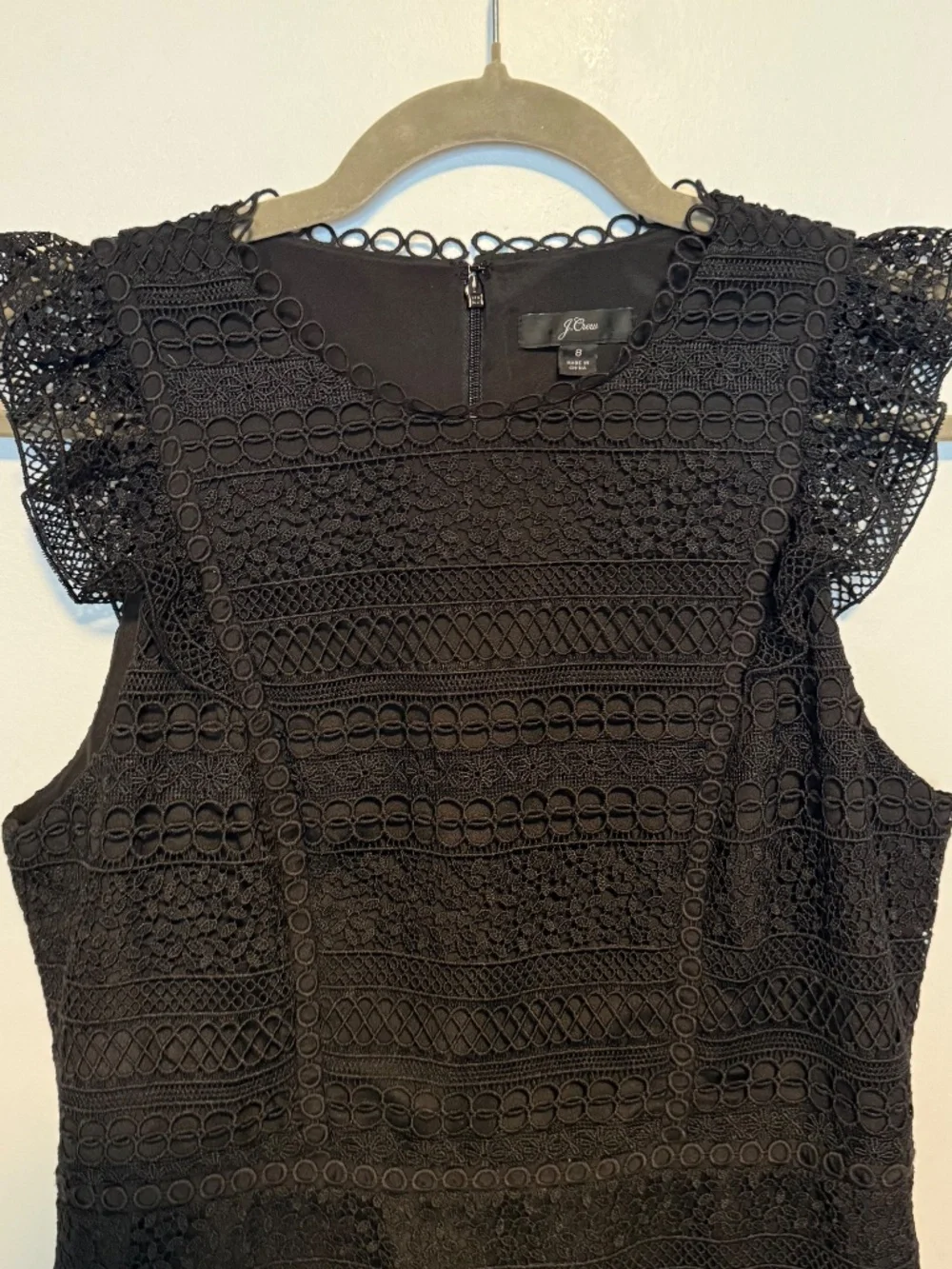 J. Crew Black Mixed Lace Cap Sleeve Ruffed Dress Size 8